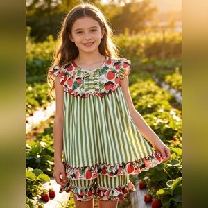 Oopsie Dasiy Lime Strawberry Stripe Ruffle Shorts Set